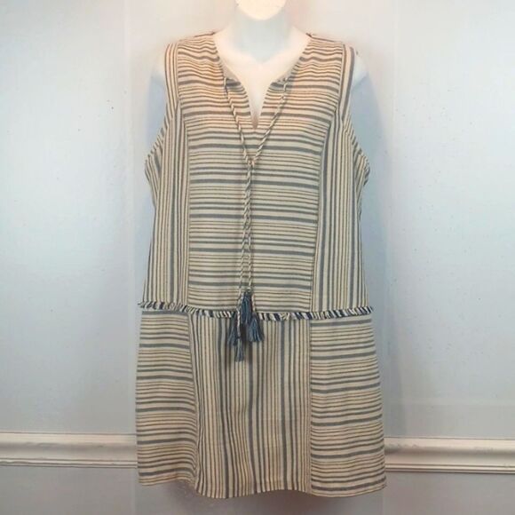 Greylin blue/cream stripped sleeveless Sheath dress with Fringe and tassels L - Picture 12 of 12